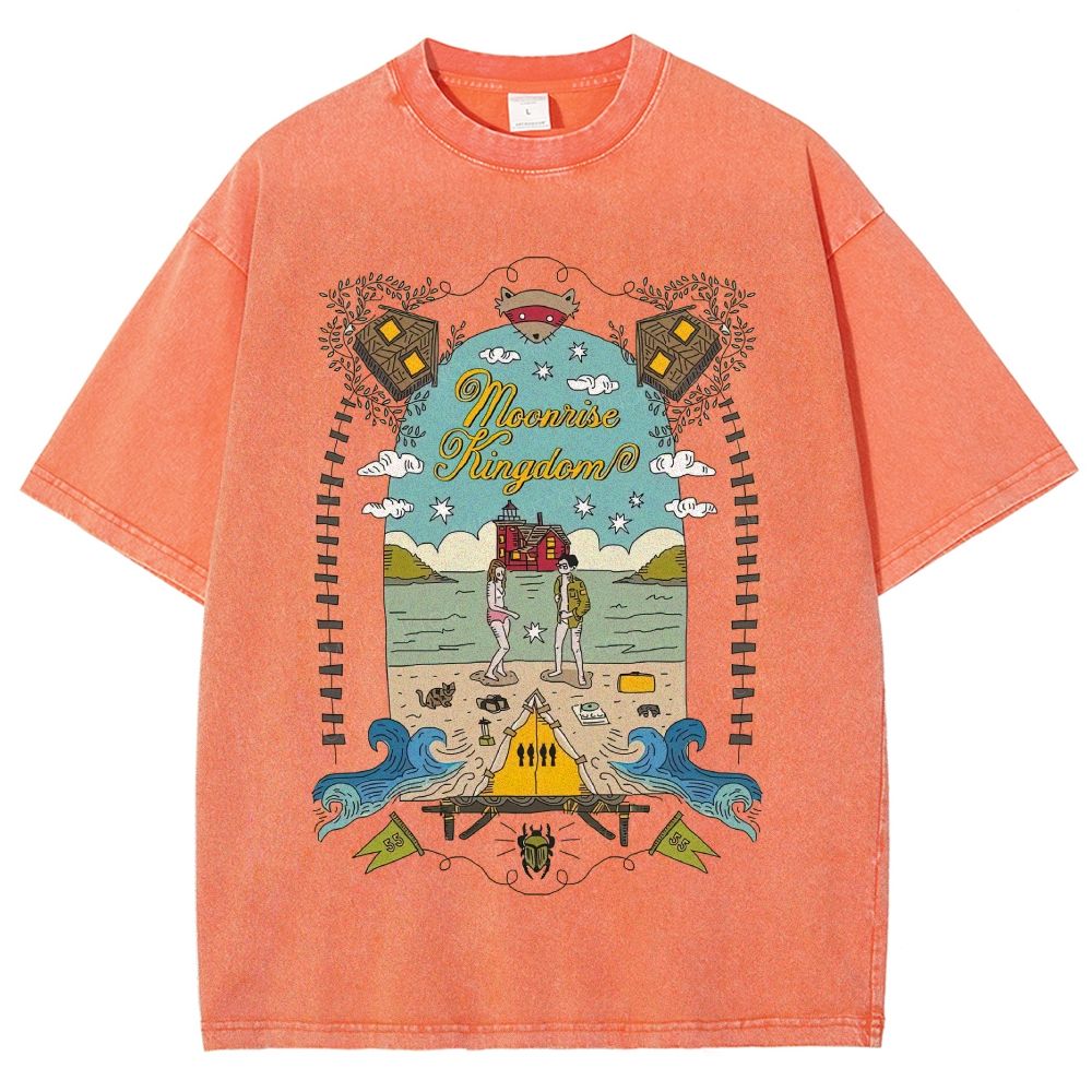 Vintage Folk Art Beach Camping Couple Graphic Unisex Fit Washed T-Shirt