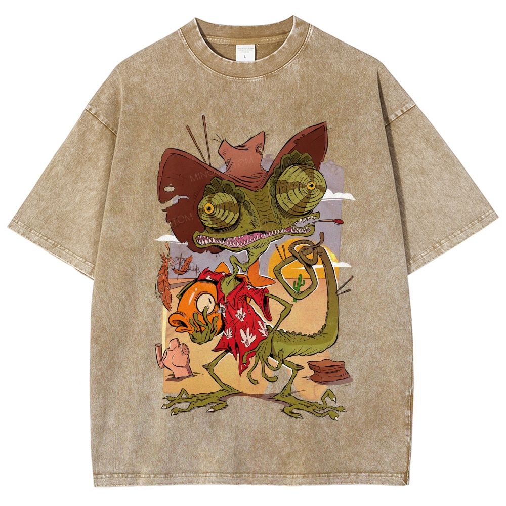 Retro Cartoon Western Desert Lizard Cowboy Graphic Unisex Fit Washed T-Shirt