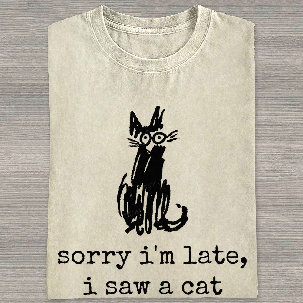 Doodle Sketch Black Cat Casual Humorous Phrase Washed T-shirt