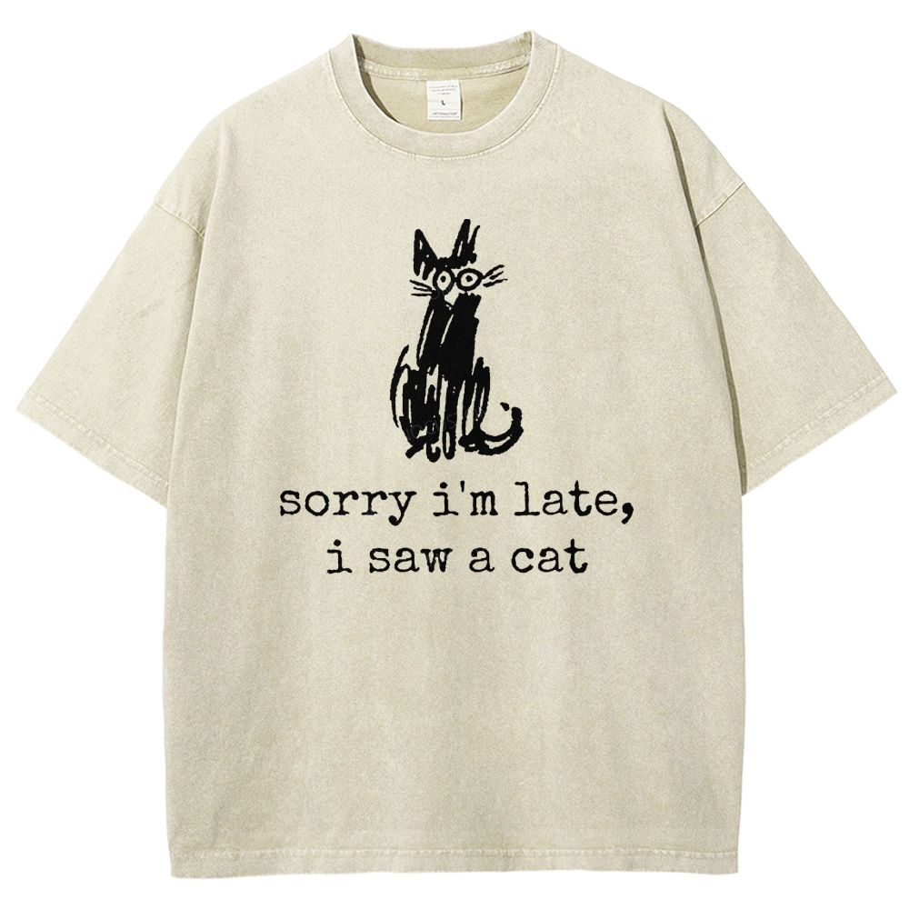 Doodle Sketch Black Cat Casual Humorous Phrase Washed T-shirt