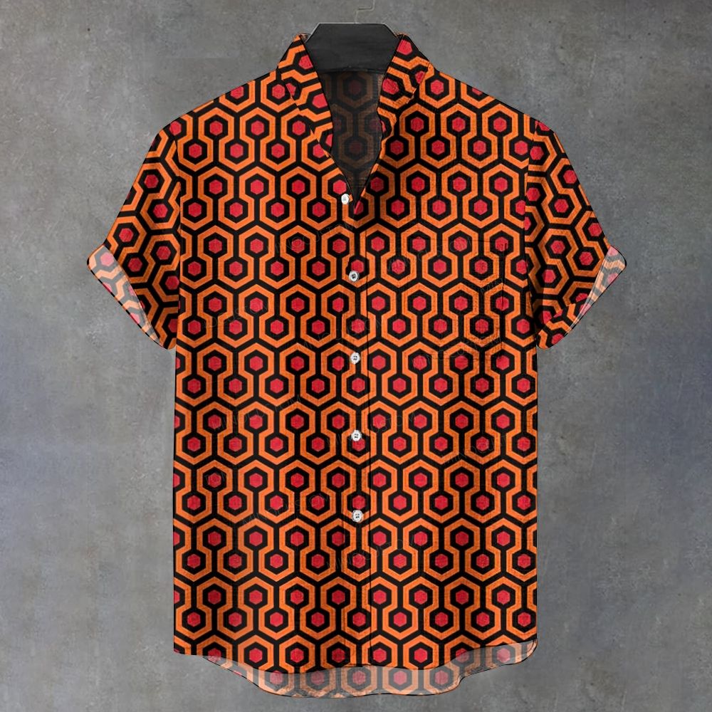 Vintage Orange Hexagon Geometric Pattern Short Sleeve Button Shirt