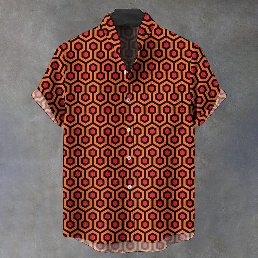 Vintage Orange Hexagon Geometric Pattern Short Sleeve Button Shirt