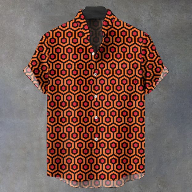 Vintage Orange Hexagon Geometric Pattern Short Sleeve Button Shirt