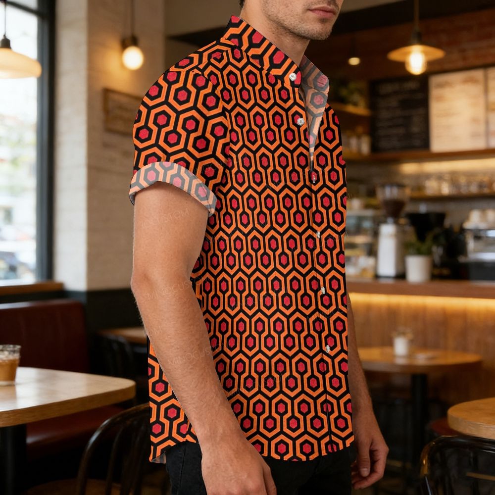 Vintage Orange Hexagon Geometric Pattern Short Sleeve Button Shirt