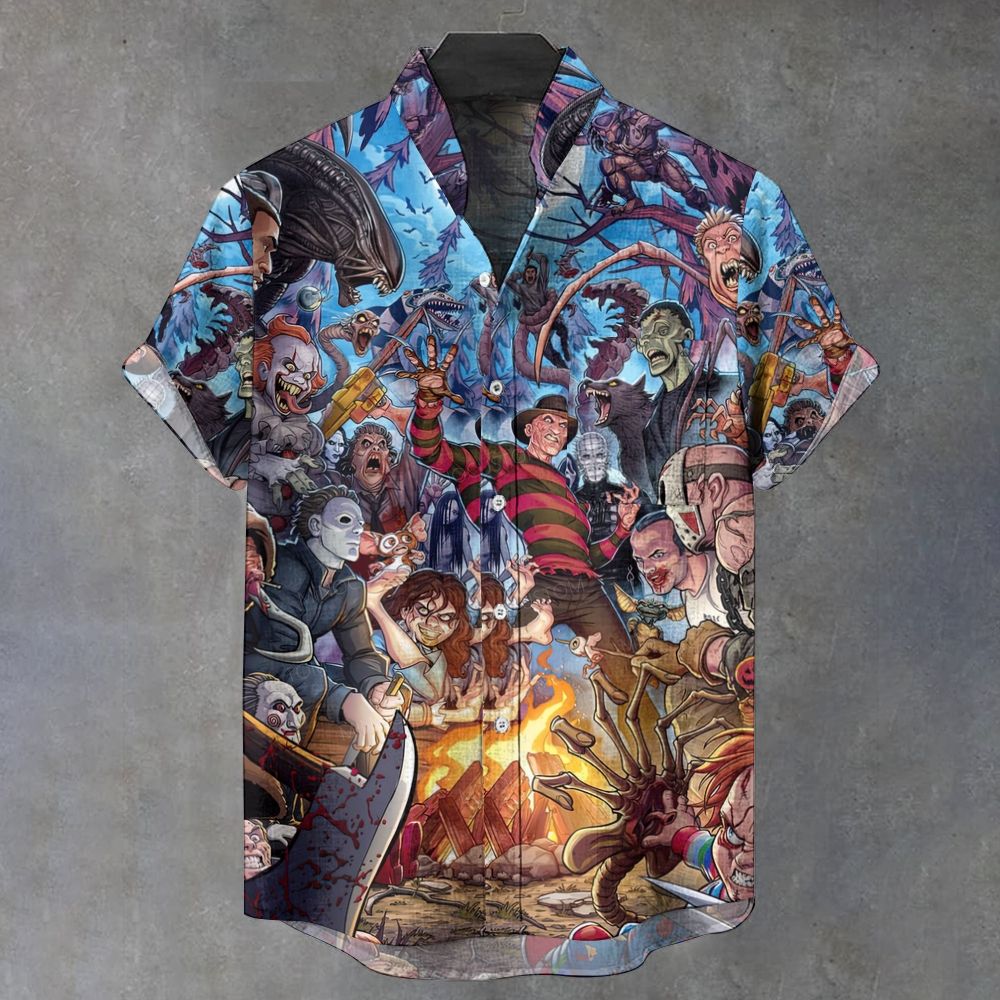 Retro Horror Monster Crowd Short Sleeve Button Shirt