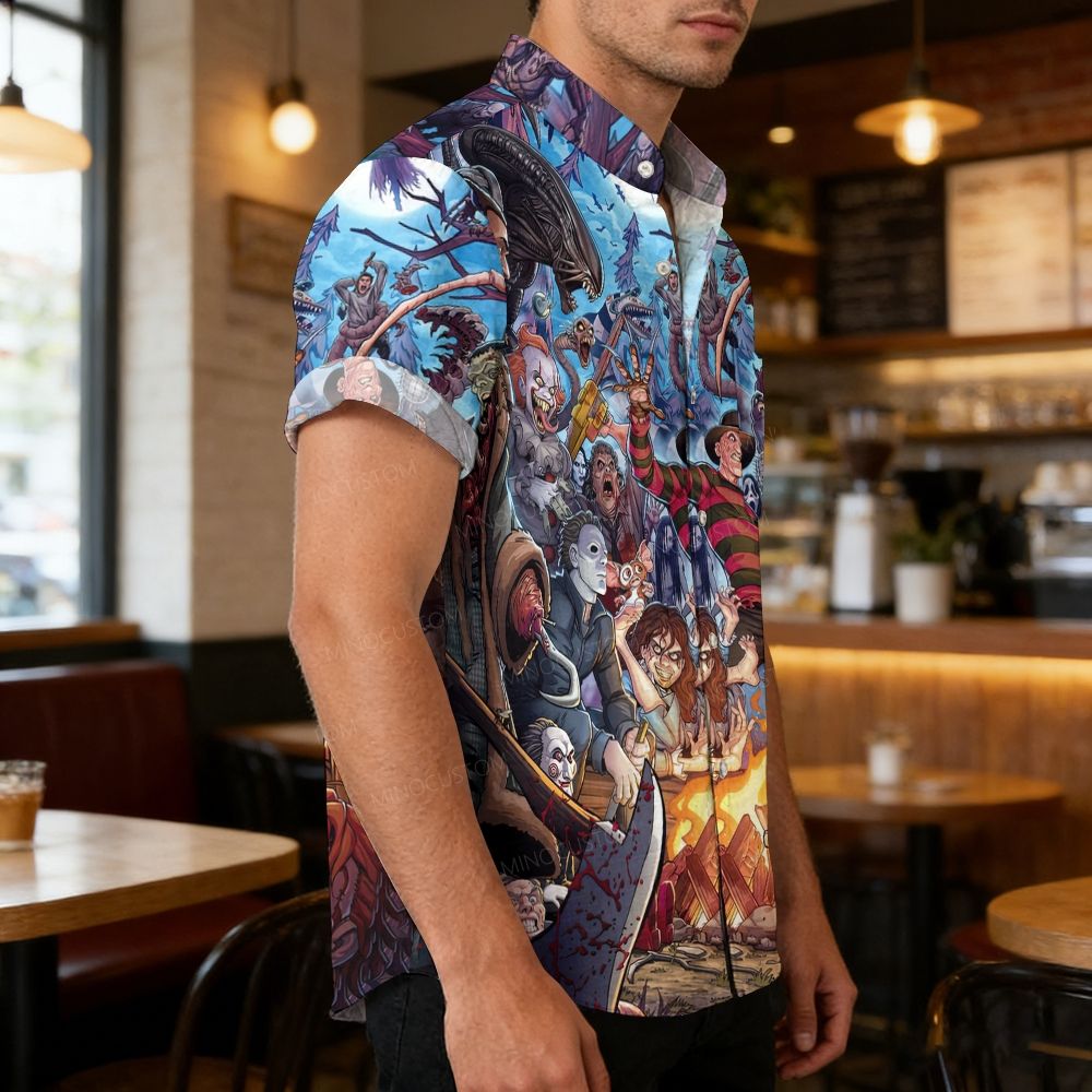 Retro Horror Monster Crowd Short Sleeve Button Shirt