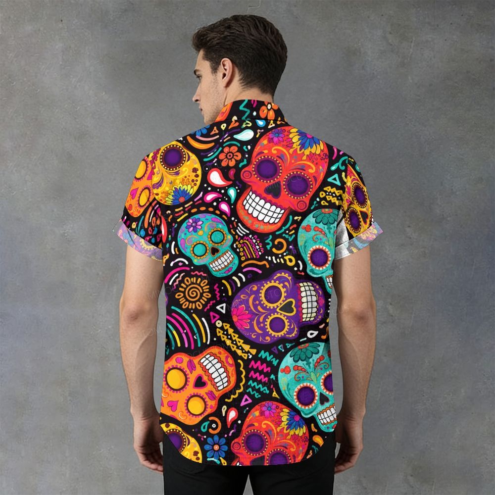 Colorful Sugar Skull Floral Pattern Stand-Collar Short-Sleeve Shirt