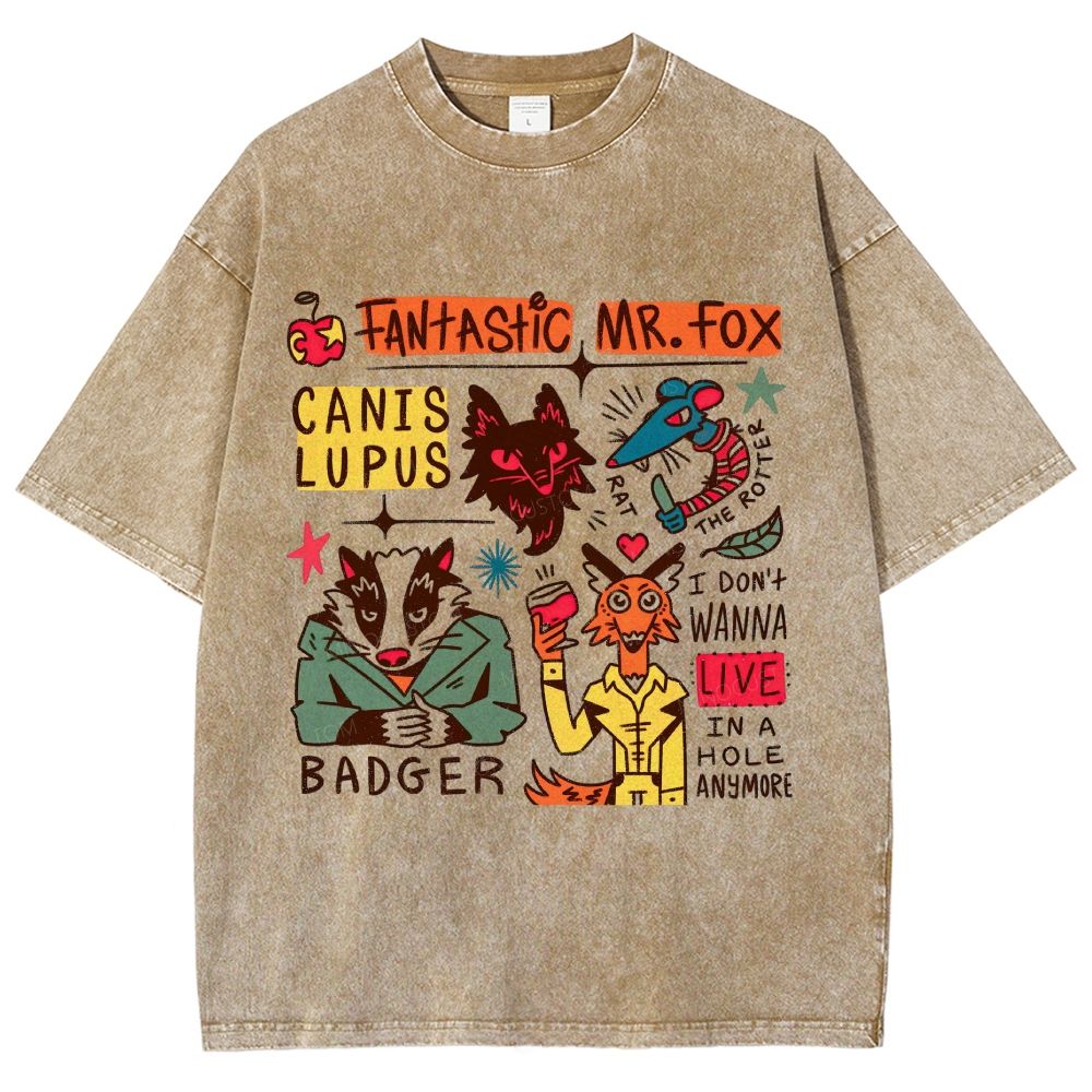 Vintage Washed Cartoon Forest Animals Doodle Graphic Unisex Fit Washed T-Shirt