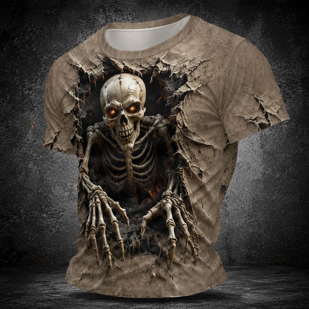 3D Skeleton Breaking Through Cracked Wall Men's  Vintage Short Sleeve T-shirt