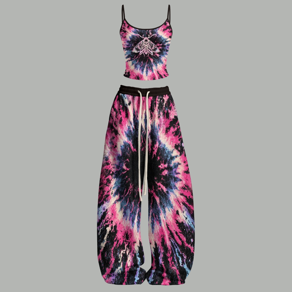 Pink Black Tie Dye Death Moth Top & Elasticated Trousers Two-Piece Set