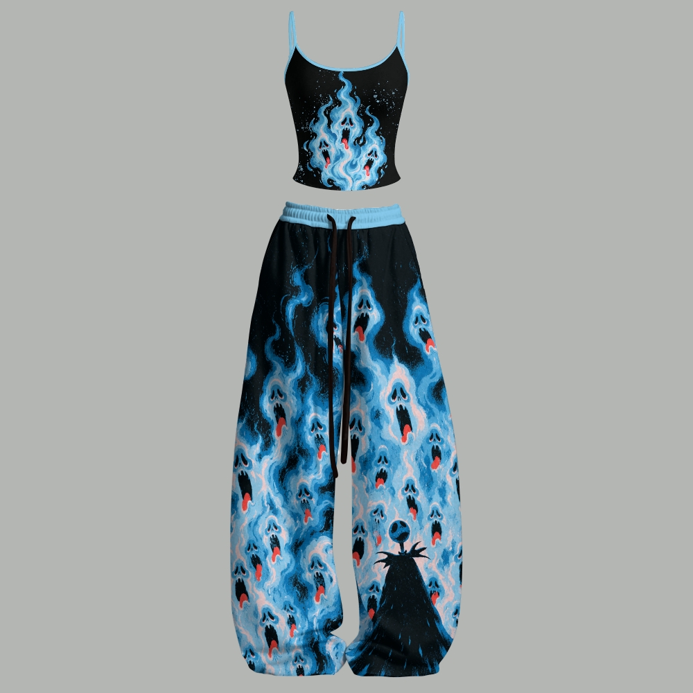 Blue Ghost Flame Spooky Top & Elasticated Trousers Two-Piece Set