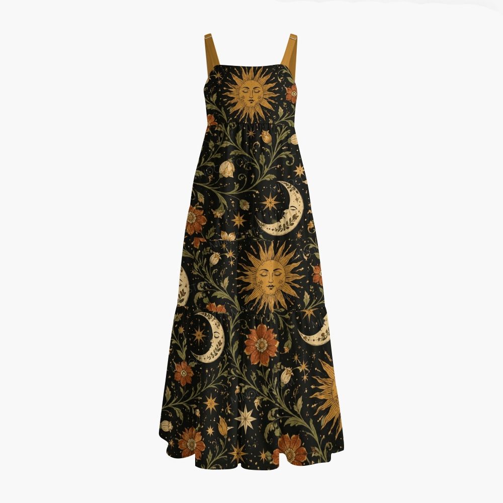 Celestial Sun Moon Face Floral Vine Boho Maxi Dresses