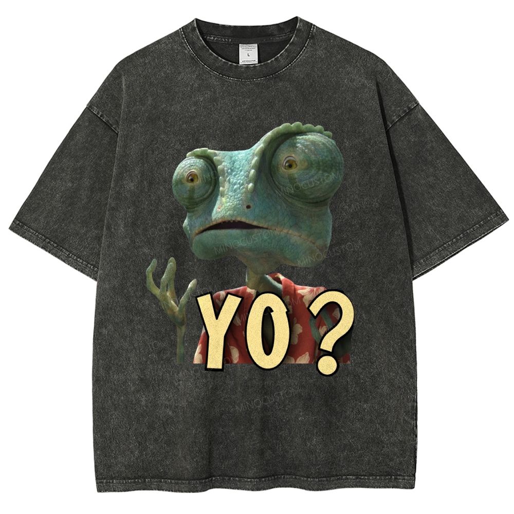 Funny Cartoon Chameleon Lizard YO Quote Graphic Unisex Fit Washed T-Shirt