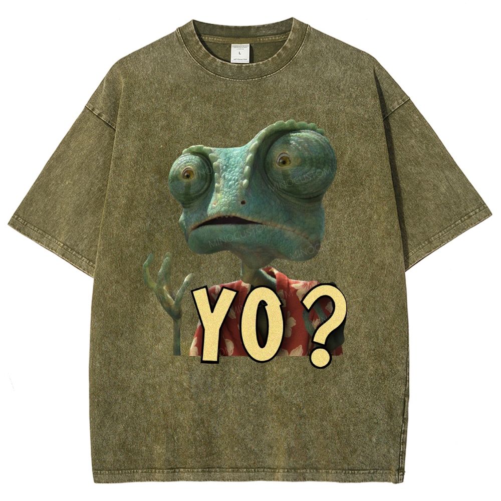 Funny Cartoon Chameleon Lizard YO Quote Graphic Unisex Fit Washed T-Shirt