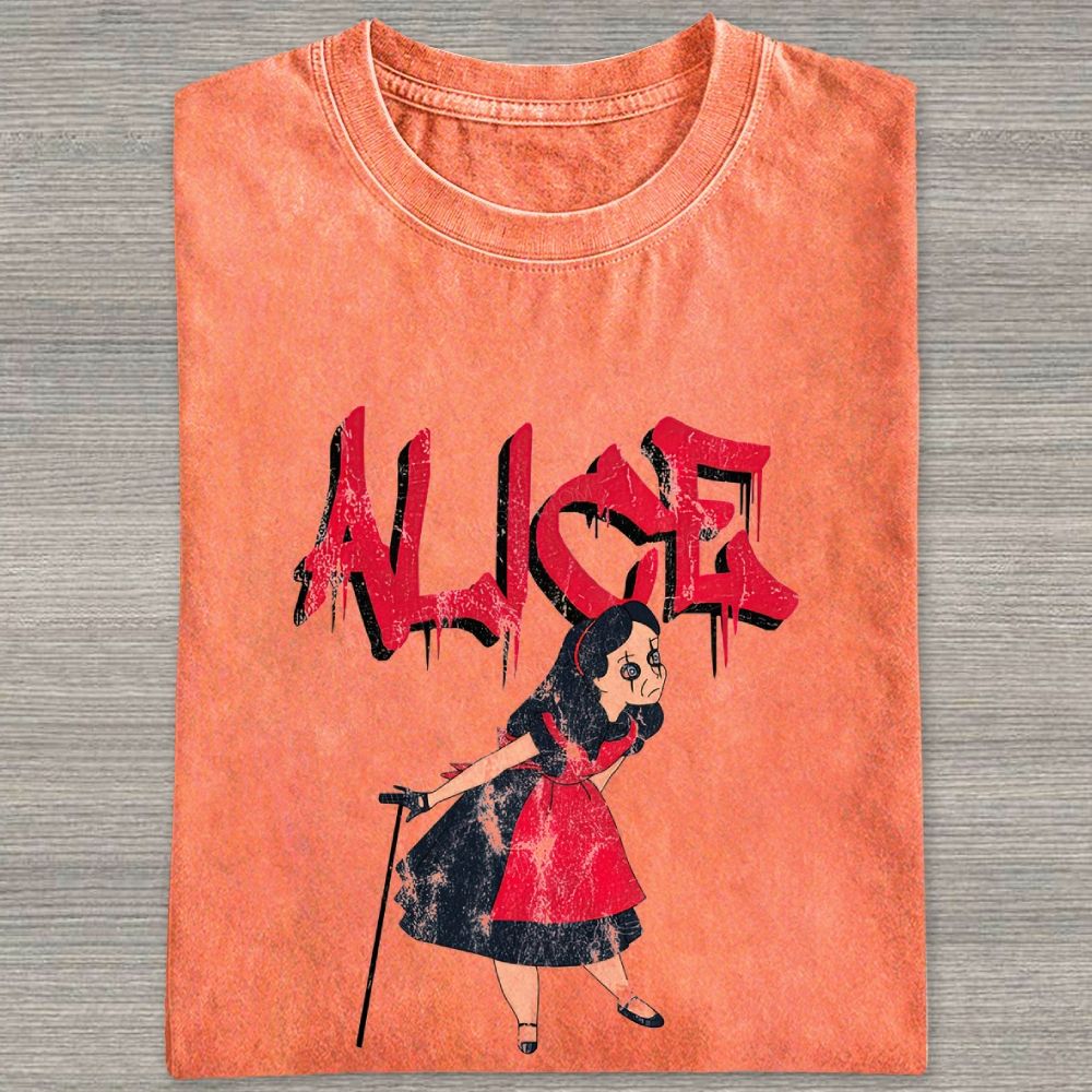 Dark Gothic Fantasy Girl With Cane Dripping Text Graphic Washed T-shirt