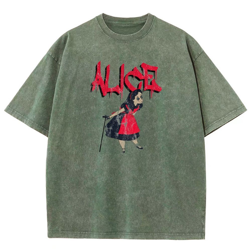 Dark Gothic Fantasy Girl With Cane Dripping Text Graphic Washed T-shirt