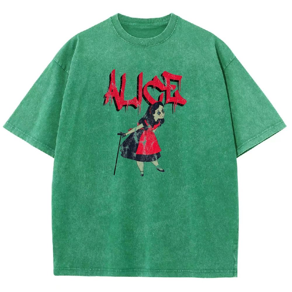 Dark Gothic Fantasy Girl With Cane Dripping Text Graphic Washed T-shirt