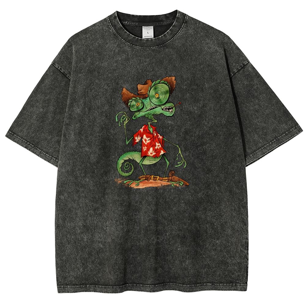 Western Cowboy Chameleon Lizard Cartoon Graphic Washed T-shirt