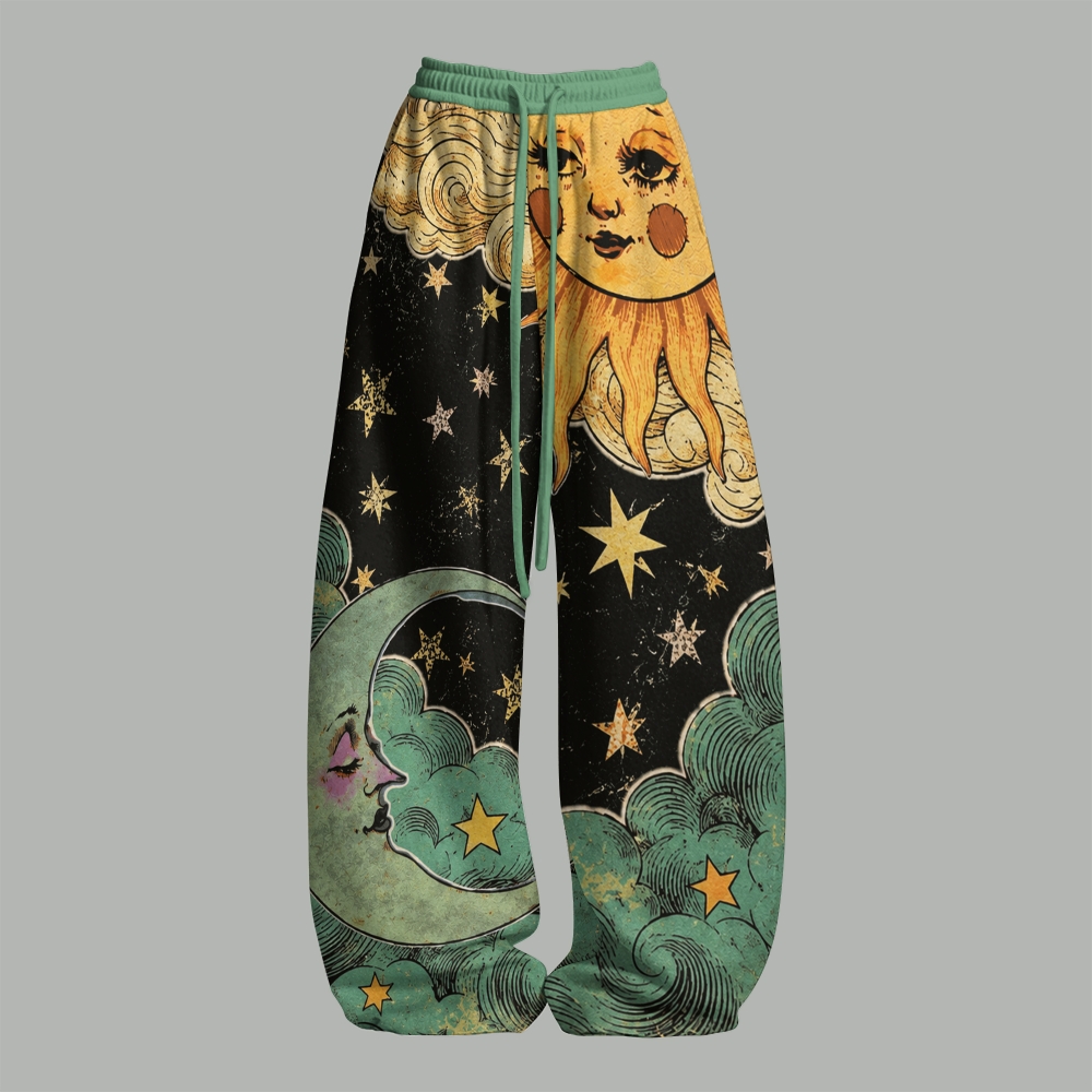  Celestial Sun Moon Face Star Cloud Top & Elasticated Trousers Two-Piece Set