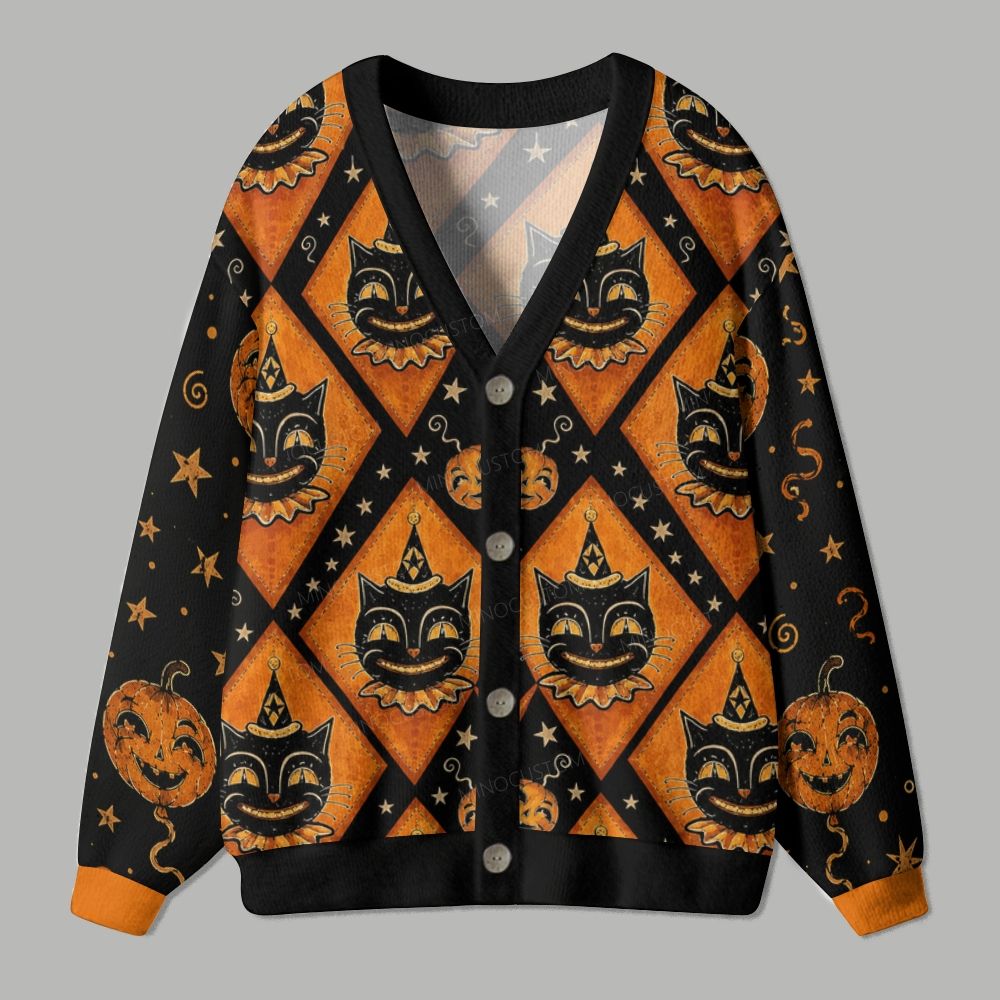  Vintage Halloween Black Cat Jack‑O‑Lantern Diamond Ugly Cardigan Sweater