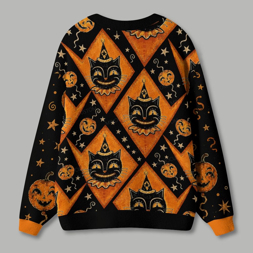 Vintage Halloween Black Cat Jack‑O‑Lantern Diamond Ugly Cardigan Sweater