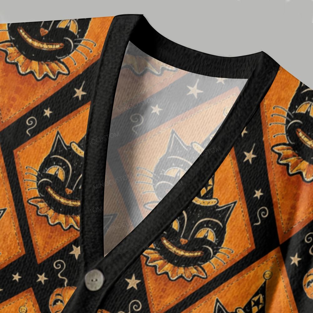  Vintage Halloween Black Cat Jack‑O‑Lantern Diamond Ugly Cardigan Sweater