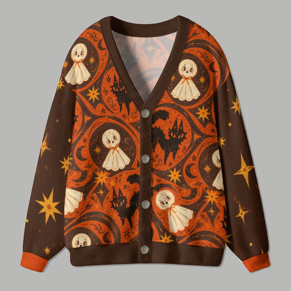 Retro Spooky Cute Ghost Halloween Ugly Cardigan Sweater