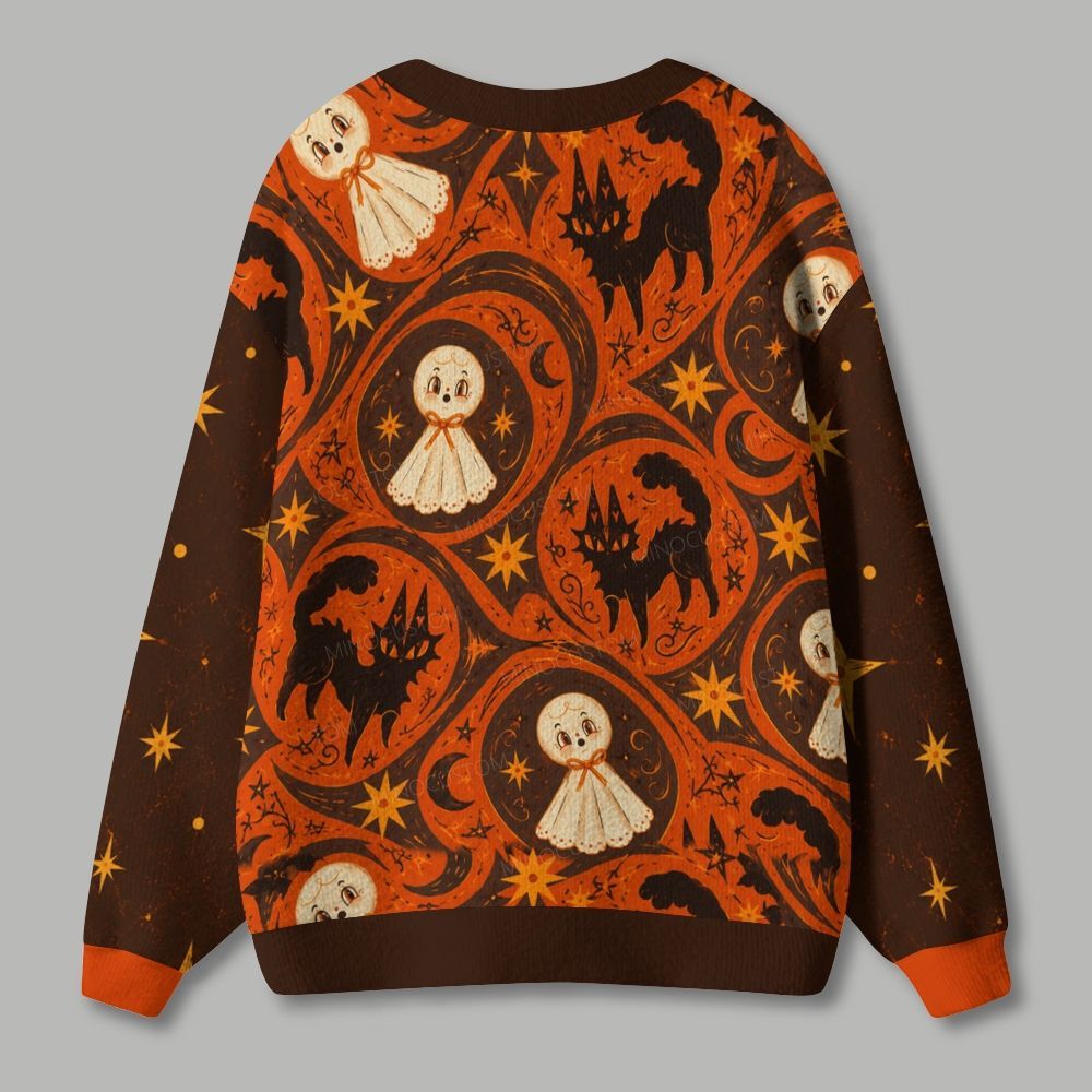 Retro Spooky Cute Ghost Halloween Ugly Cardigan Sweater