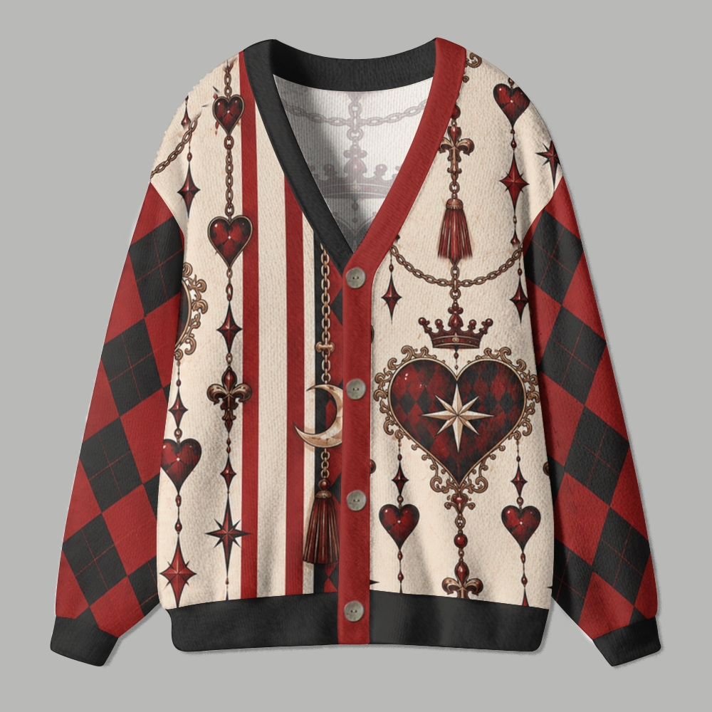 Gothic Vintage Hearts Crown Chain Striped Pattern Ugly Cardigan Sweater