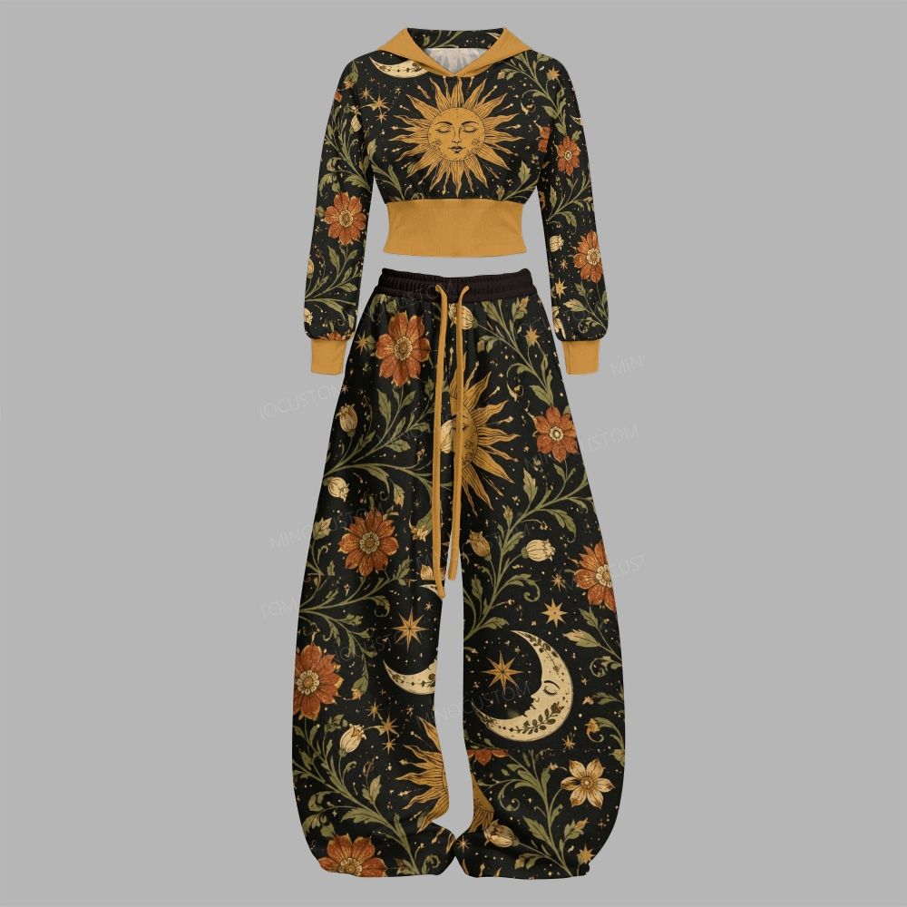 Boho Vintage Celestial Sun Moon Slim-Fit Sweatshirt Set