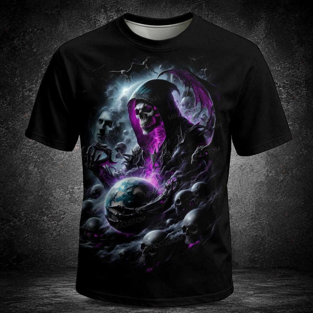 Men's  Vintage Dark Fantasy Reaper Skull Magic Globe Short Sleeve T-shirt