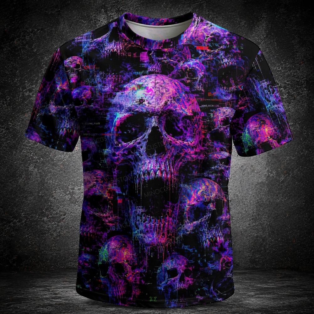 Men's  Vintage Purple Blue Neon Skeleton Short Sleeve T-shirt