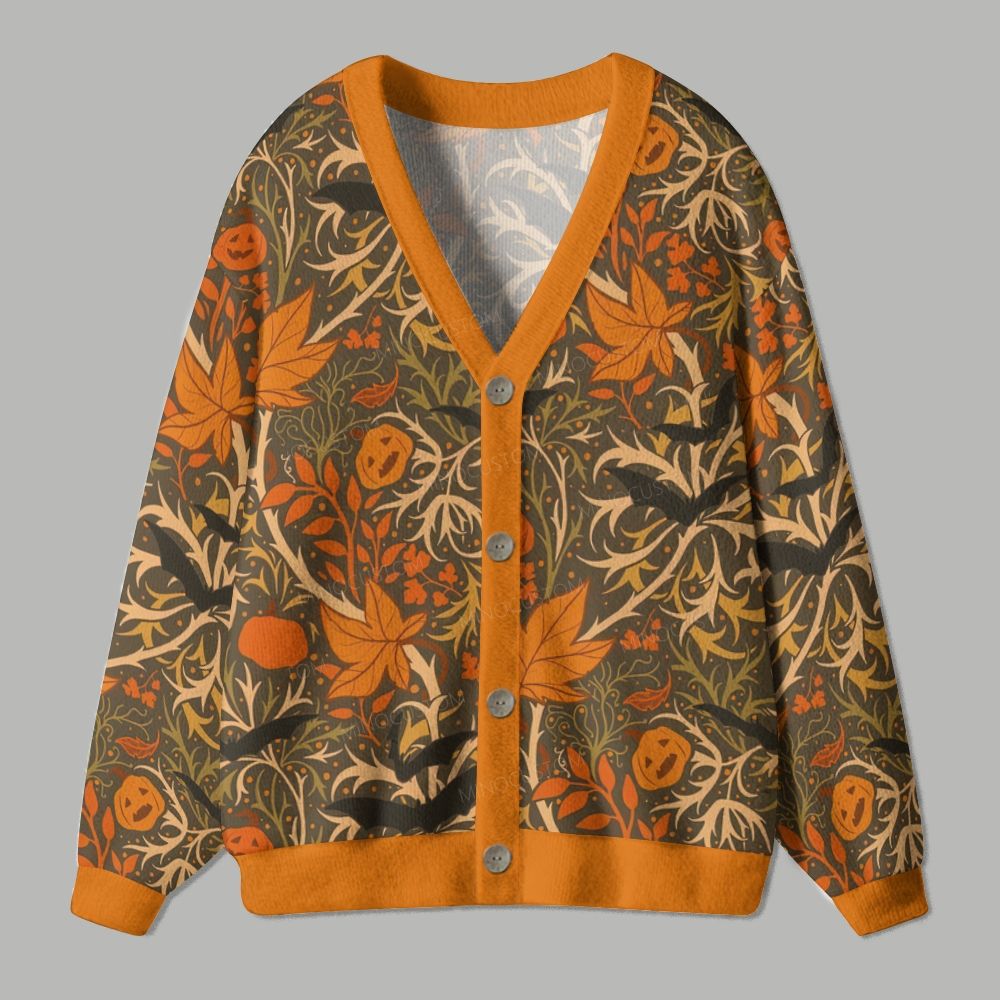Vintage Fall Pumpkin Bat Halloween Ugly Cardigan Sweater