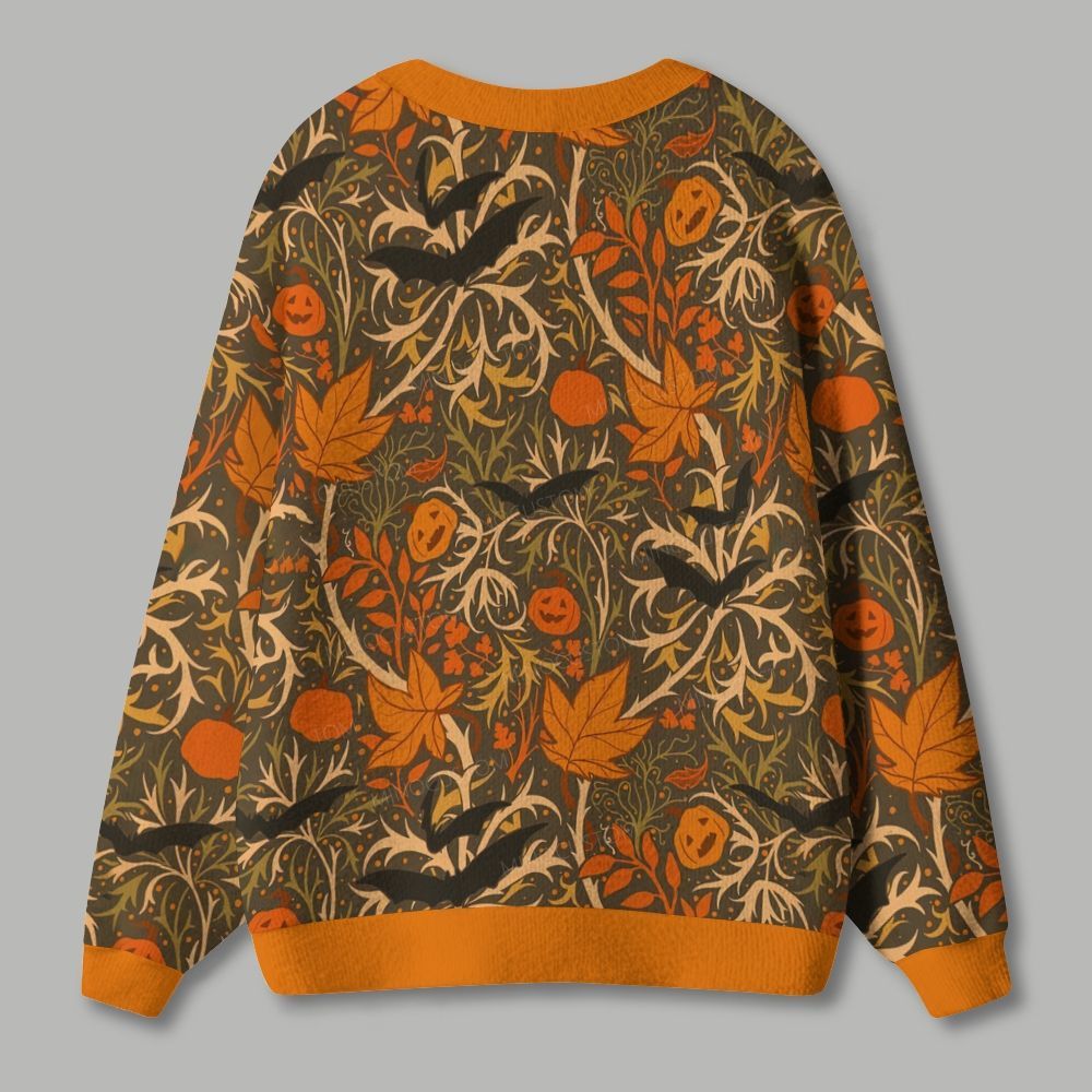 Vintage Fall Pumpkin Bat Halloween Ugly Cardigan Sweater