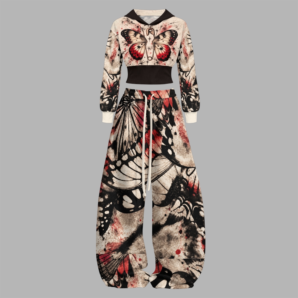 Grunge Distressed Blood‑Toned Butterfly Slim-Fit Sweatshirt Set