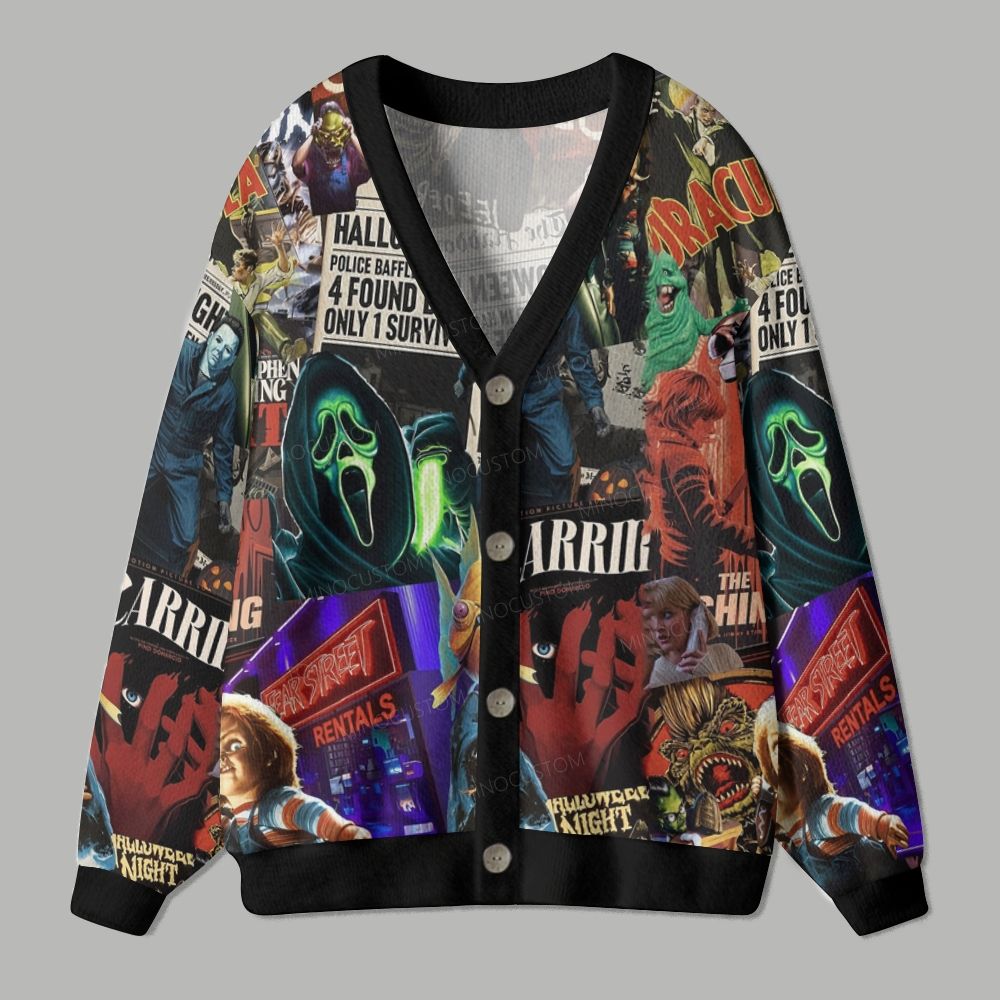 Retro Horror Newspaper Collage Halloween Ugly Cardigan Sweater