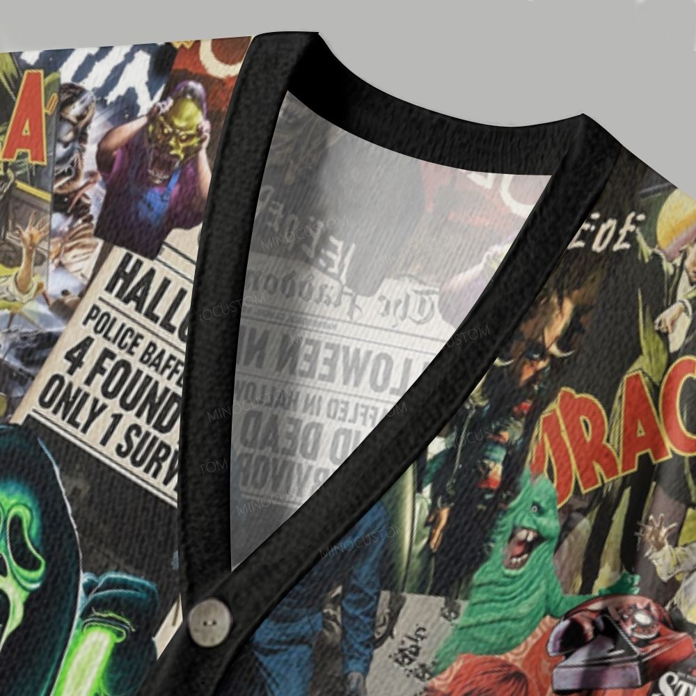 Retro Horror Newspaper Collage Halloween Ugly Cardigan Sweater