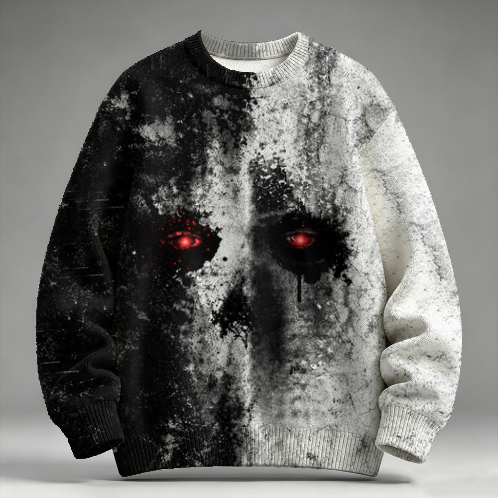 Skull Ghost Face Art Black And White Color Block Print Raglan Sweater