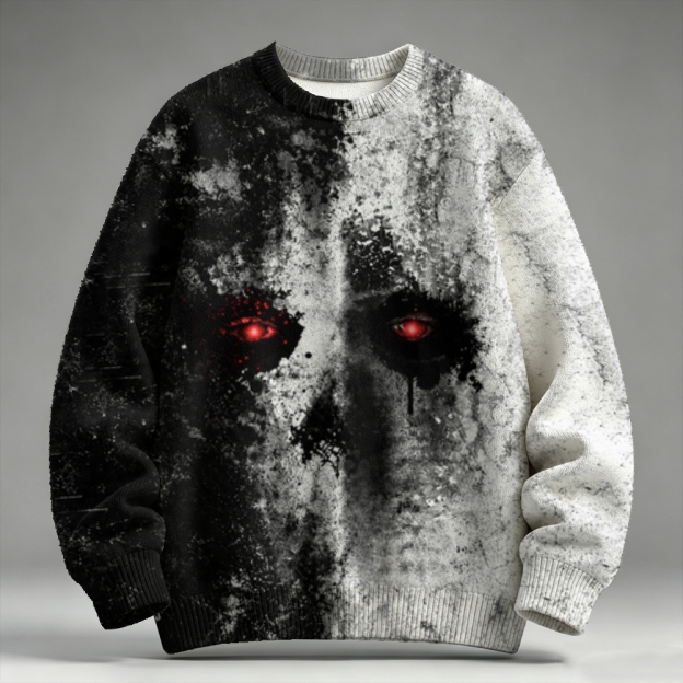 Skull Ghost Face Art Black And White Color Block Print Raglan Sweater