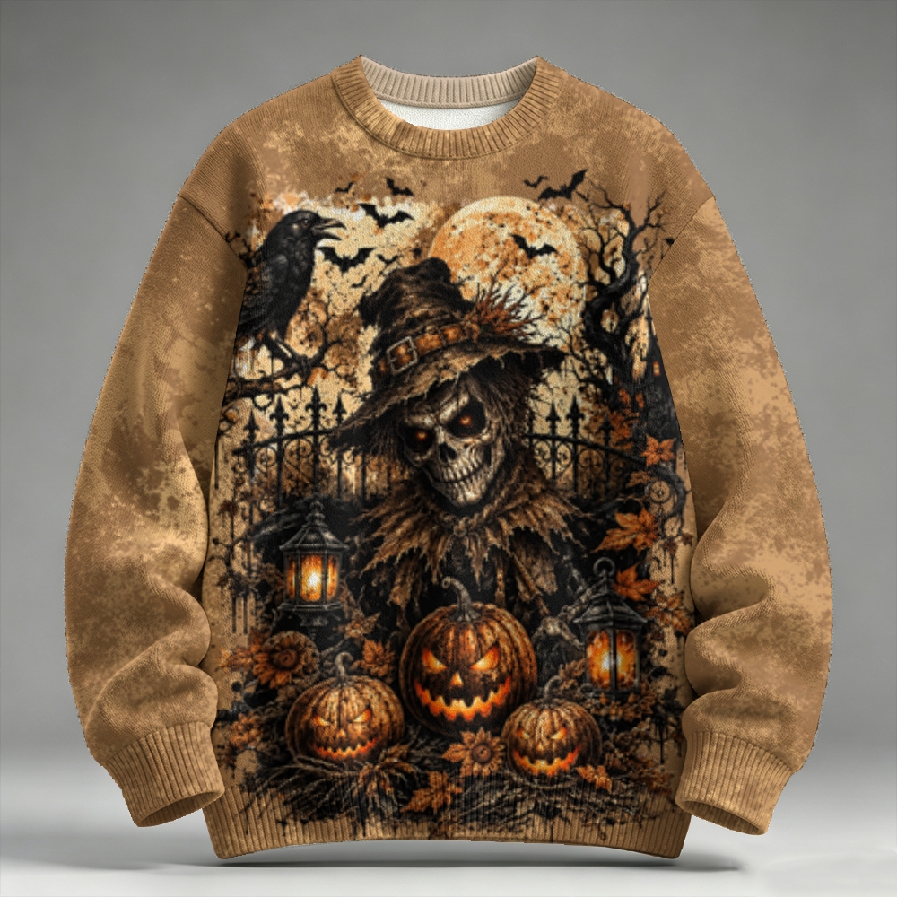Men's Halloween Scarecrow Skull Pumpkin Crow Print Raglan Sweater 