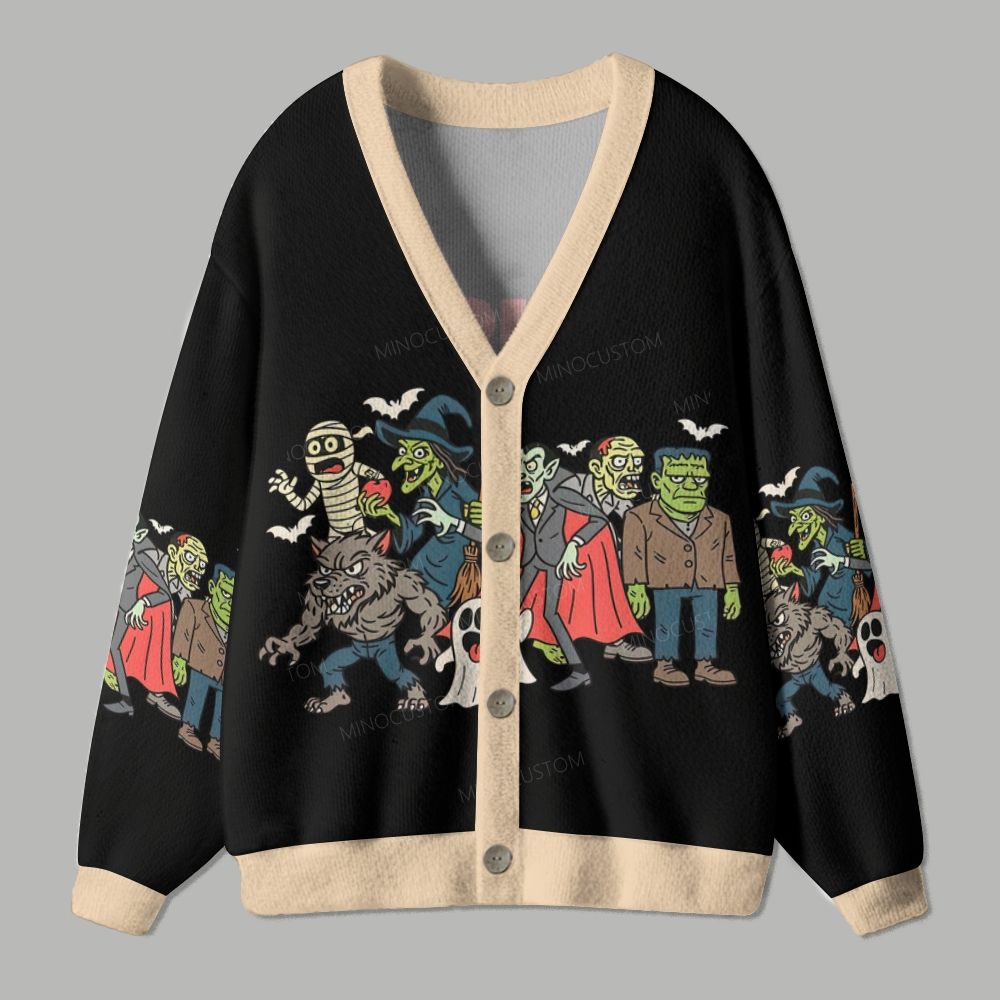 Classic Retro Cartoon Halloween Monsters Ugly Cardigan Sweater