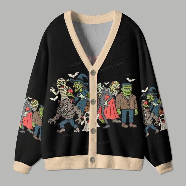 Classic Retro Cartoon Halloween Monsters Ugly Cardigan Sweater