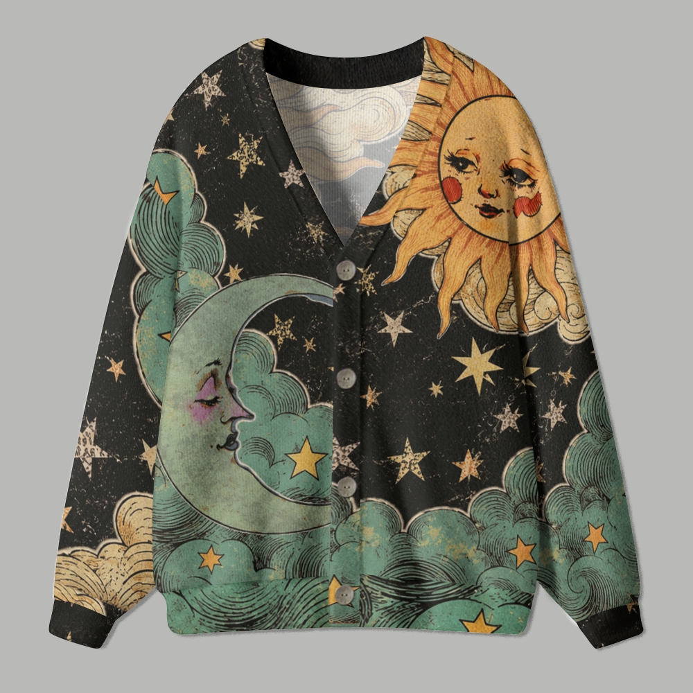  Vintage Celestial Sun Moon Stars Art Ugly Cardigan Sweater