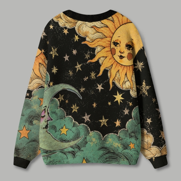  Vintage Celestial Sun Moon Stars Art Ugly Cardigan Sweater