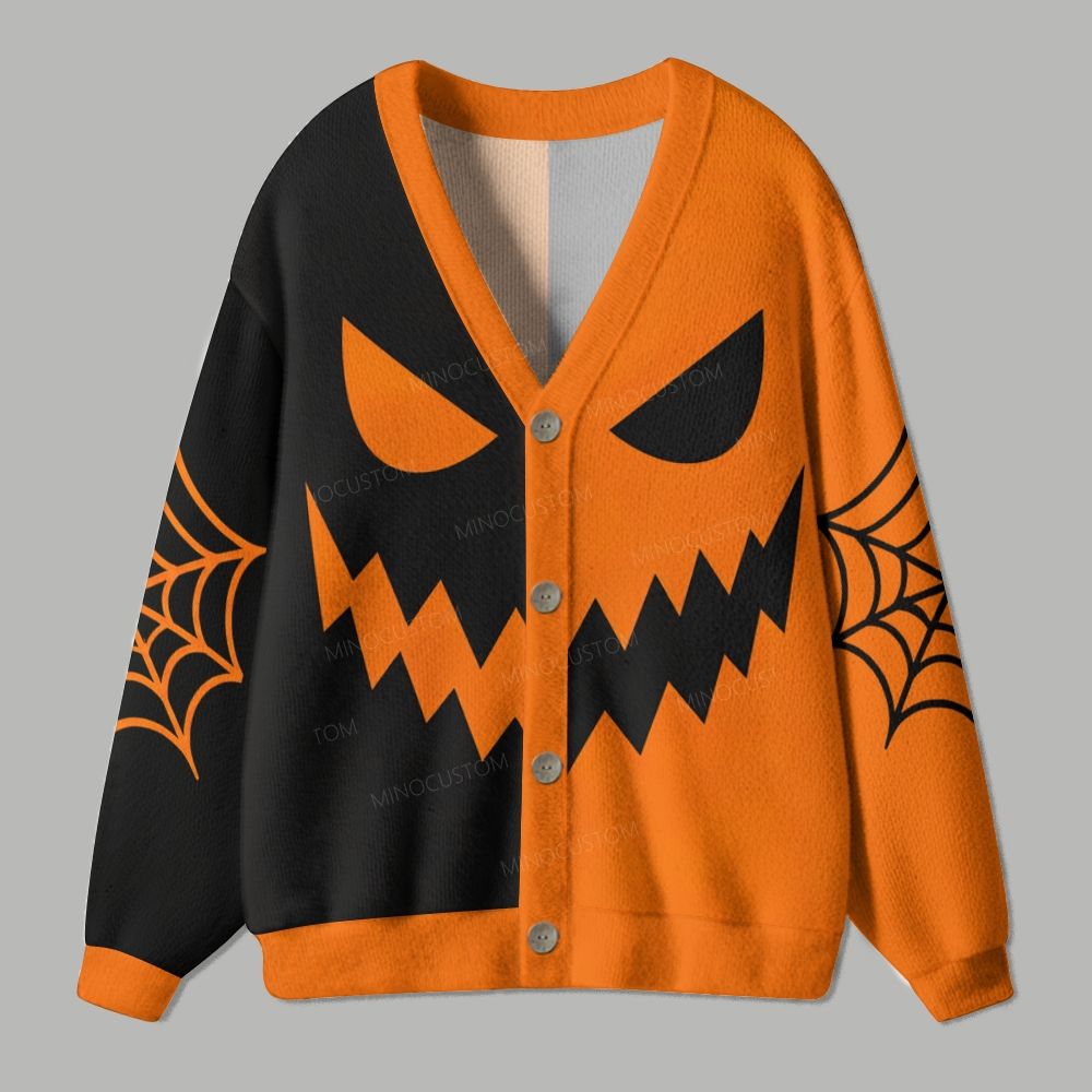 Black Orange Split Jack O Lantern Face Halloween Ugly Cardigan Sweater
