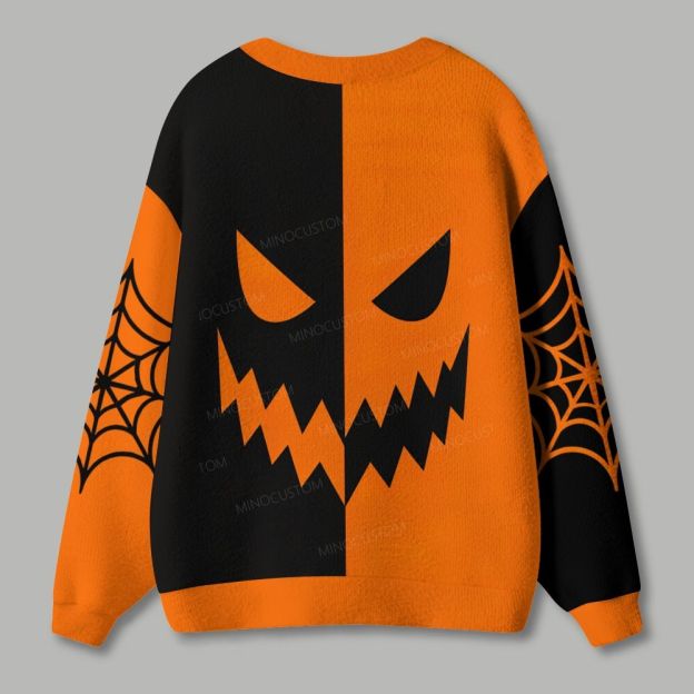 Black Orange Split Jack O Lantern Face Halloween Ugly Cardigan Sweater