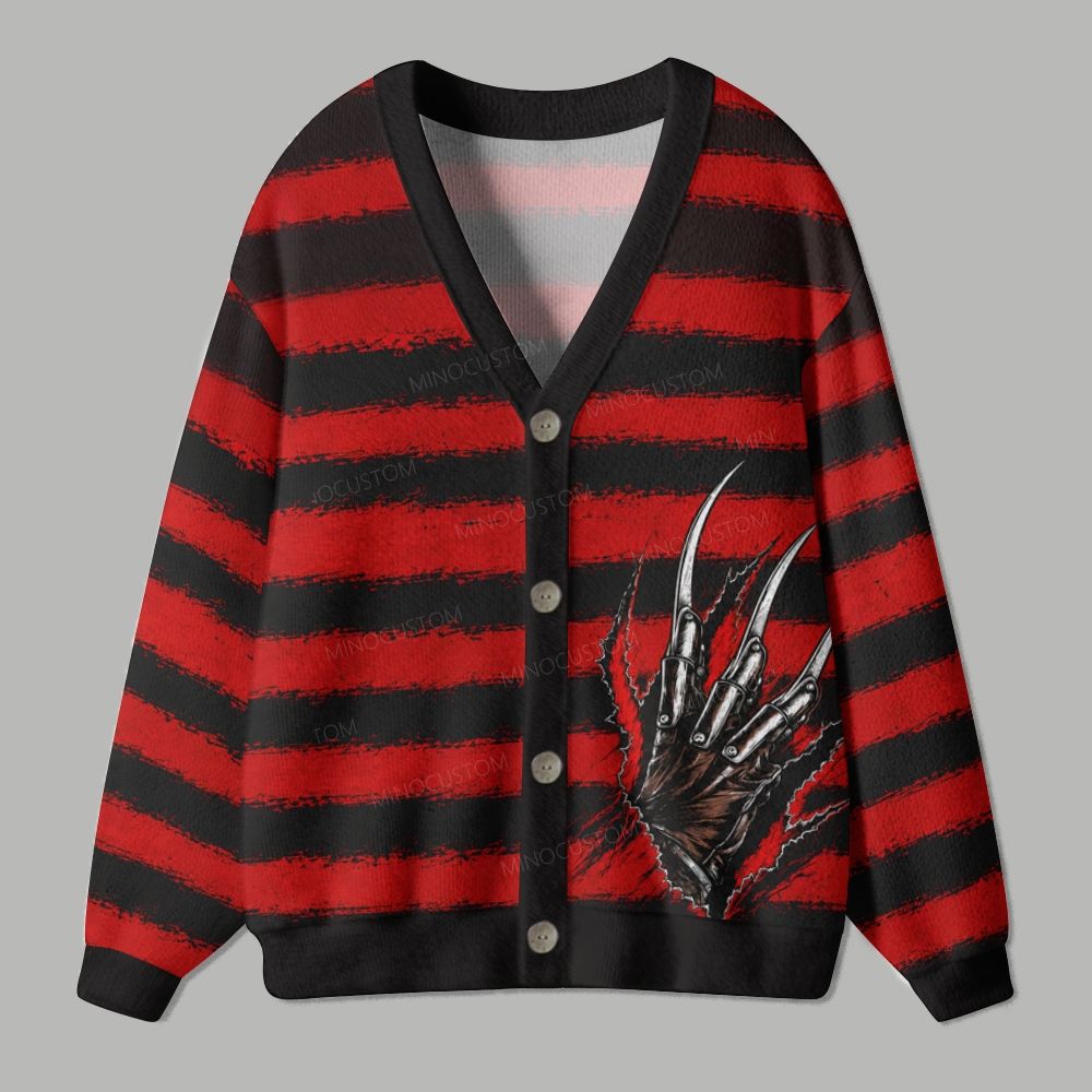 Red Black Stripe Claw Rip Horror Halloween Ugly Cardigan Sweater