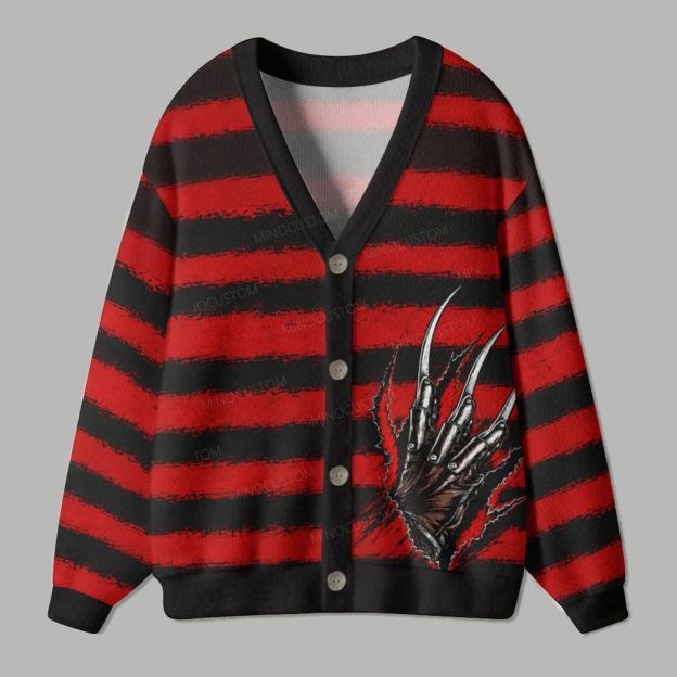 Red Black Stripe Claw Rip Horror Halloween Ugly Cardigan Sweater