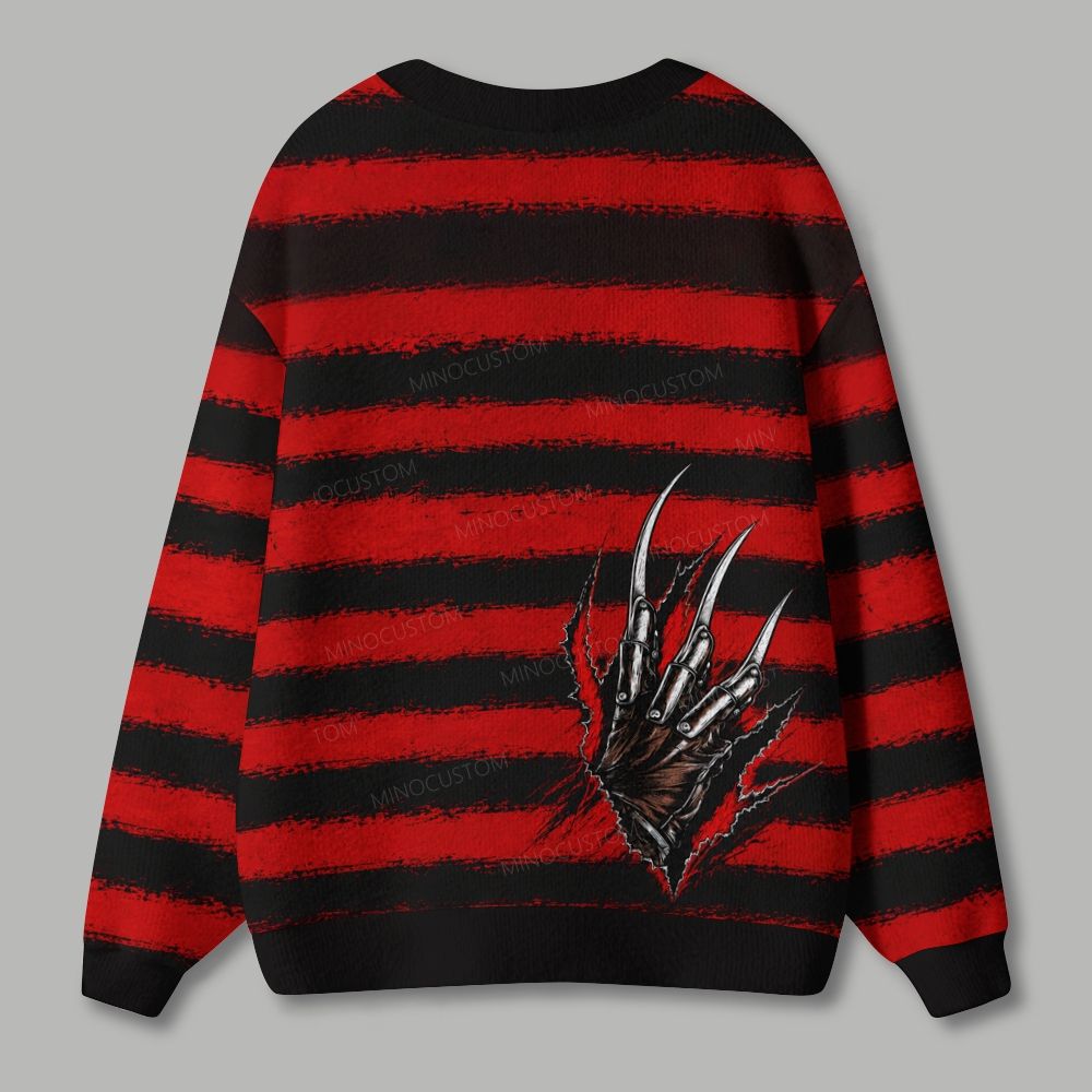 Red Black Stripe Claw Rip Horror Halloween Ugly Cardigan Sweater