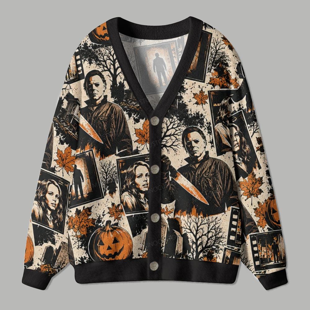 Vintage Horror Film Strip Halloween Collage Ugly Cardigan Sweater